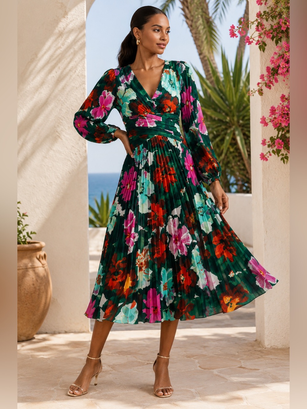 Ryan Michelle Floral Pleated Midi Dress Green Long Sleeve V-Neck Size L